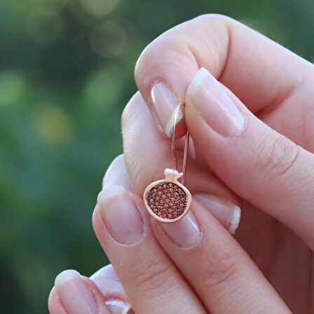 Nar Modeli Turuncu Zirkon Taşlı Rose Gold Kaplama Gümüş Küpe