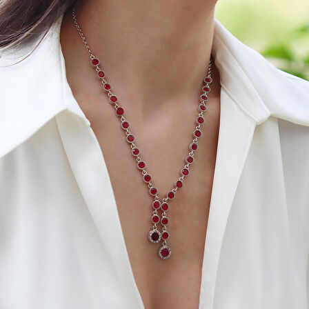 Kök Yakut Taşlı Su Yolu Otantik Gümüş Kolye