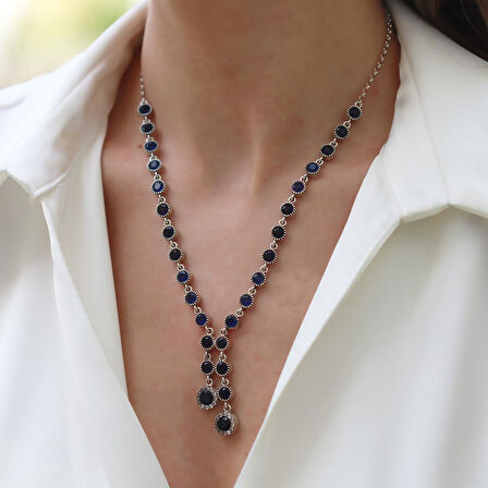 Kök Safir Taşlı Otantik Gümüş Kolye