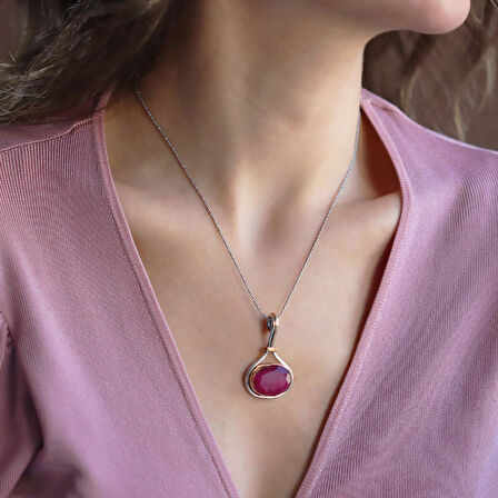 Kök Yakut Taşlı El İşi Gümüş Otantik Kolye