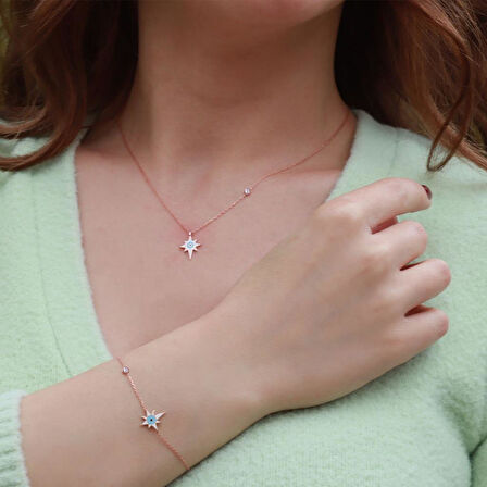 Kutup Yıldızı Figürlü Zirkon Taşlı Mine İşli Rose Gold Kaplama Gümüş Set