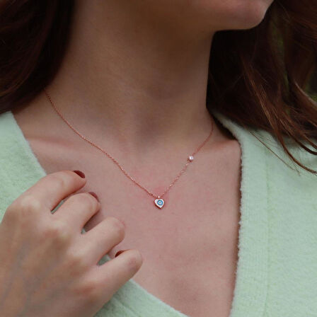 Kalp Figürlü Zirkon Taşlı Mine İşli Rose Gold Kaplama Gümüş Set