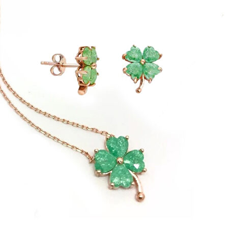 Yeşil Zirkon Taşlı Rose Gold Kaplama Yonca Gümüş Set