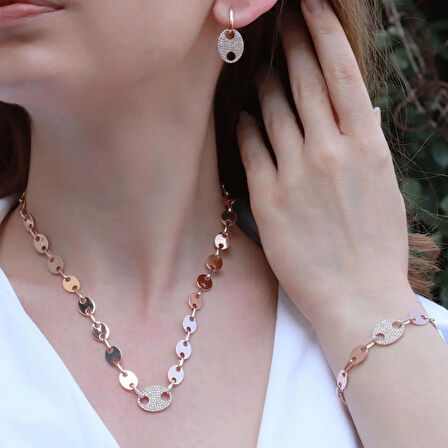 Düğme Modeli Zirkon Taşlı Rose Gold Kaplama Gümüş Set