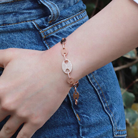 Düğme Modeli Zirkon Taşlı Rose Gold Kaplama Gümüş Set