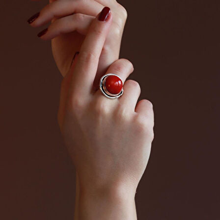 Kırmızı Mercan Taşlı El İşi Otantik 925 Ayar Gümüş Takım