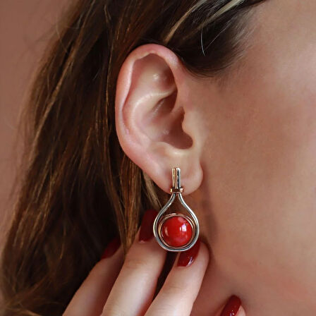 Kırmızı Mercan Taşlı El İşi Otantik 925 Ayar Gümüş Takım