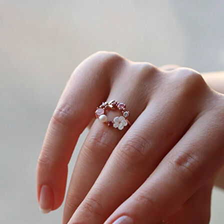 İnci ve Çiçek Motifli RoseGold Kaplama 925 Ayar Gümüş Yüzük