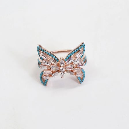 Kelebek Turkuaz Baget Taşlı Rose Gold Kaplama Gümüş Yüzük