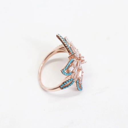 Kelebek Turkuaz Baget Taşlı Rose Gold Kaplama Gümüş Yüzük