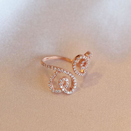 İki Kalpli Rose Gold Kaplama Ayarlanabilir Gümüş Yüzük