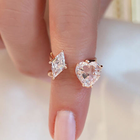 Kalp Karo Rose Gold Kaplama Ayarlanabilir Gümüş Yüzük