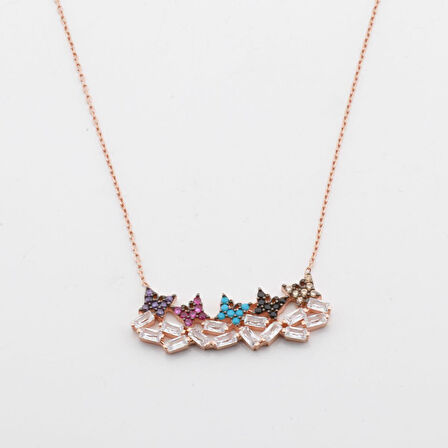 Renkli Zirkon Taşlı Baget Kelebek Modeli Rose Gold Kaplama Gümüş Kolye