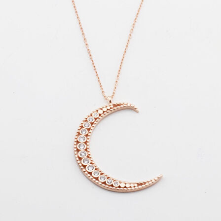Zirkon Taşlı Rose Gold Kaplama Ay Gümüş Kolye