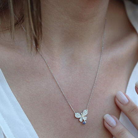 Nazar Boncuk Detaylı Kelebek Gümüş Kolye