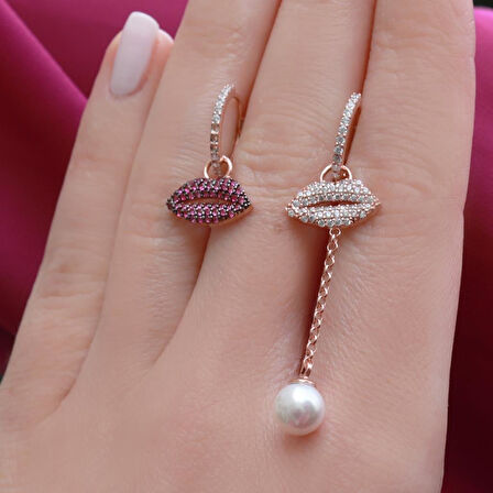 Zirkon Taşlı Dudak Figürlü Rose Gold Kaplama Asansör Zincirli Gümüş Set