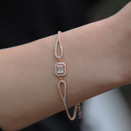 Baget Kesim Zirkon Taşlı Rose Gold Kaplama Gümüş Bileklik