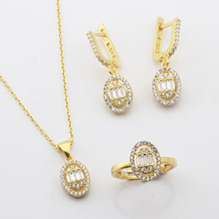 Baget Kesim Oval Montürlü Zirkon Taşlı Gold KaplamaGümüş Set