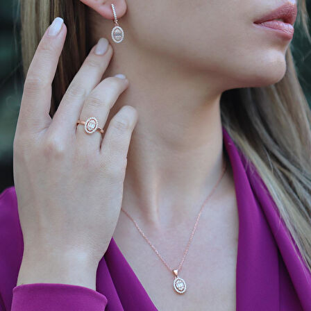 Baget Kesim Oval Montürlü Zirkon Taşlı Rose Gold Kaplama Gümüş Set