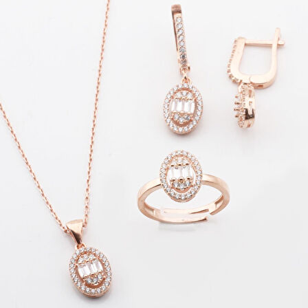 Baget Kesim Oval Montürlü Zirkon Taşlı Rose Gold Kaplama Gümüş Set