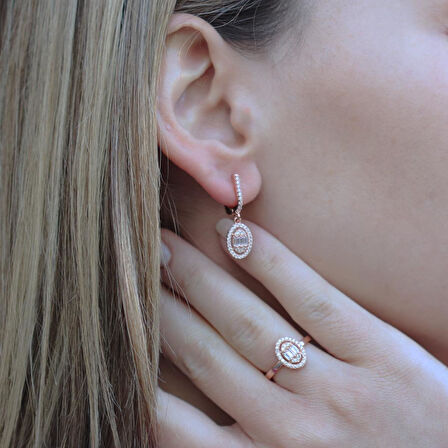 Baget Kesim Oval Montürlü Zirkon Taşlı Rose Gold Kaplama Gümüş Set