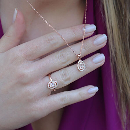 Baget Kesim Oval Montürlü Zirkon Taşlı Rose Gold Kaplama Gümüş Set