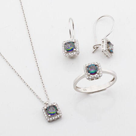 Mistik Topaz Taşlı Kare Montür Gümüş Takım