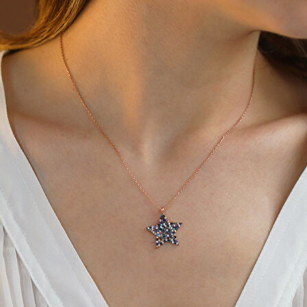 Renkli Zirkon Taşlı Rose Gold Kaplama Yıldız Gümüş Kolye