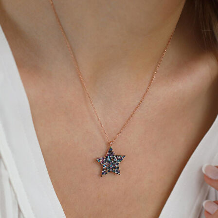 Renkli Zirkon Taşlı Rose Gold Kaplama Yıldız Gümüş Kolye