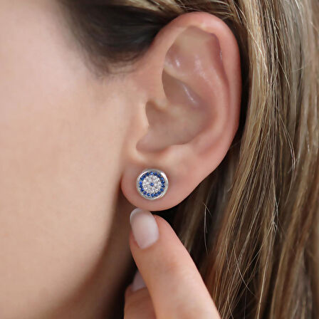 Nazar  Boncuklu Zirkon Taşlı Gümüş Küpe