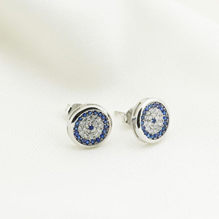 Nazar  Boncuklu Zirkon Taşlı Gümüş Küpe