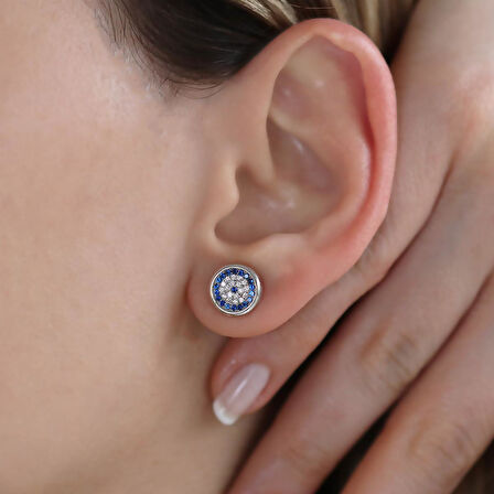 Nazar  Boncuklu Zirkon Taşlı Gümüş Küpe