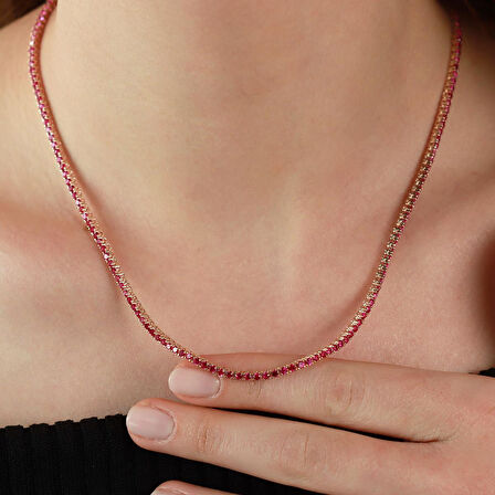 Fuşya Zirkon Taşlı Rose Gold Kaplama Su Yolu Gümüş Kolye
