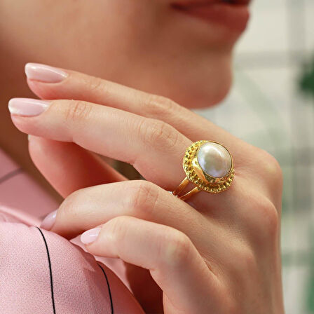 Başak Model Barok Inci Gold Kaplama Gümüş Yüzük