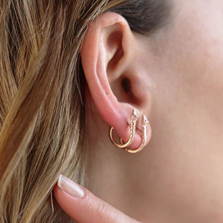 Yılan Kırmızı Zirkon Taşlı Rose Gold Kaplama Gümüş Küpe