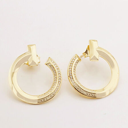Tffny Modeli Yarı Zirkon Taşlı Gold Kaplama Daire Gümüş Küpe