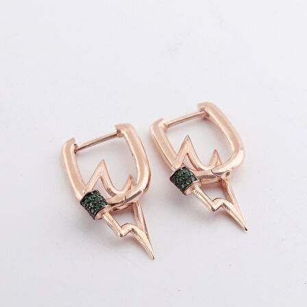 Yeşil Zirkon Taşlı Rose Gold Kaplama Şimşek Gümüş Küpe