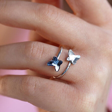 Swarovski Taşlı Renkli Kelebek Gümüş Yüzük