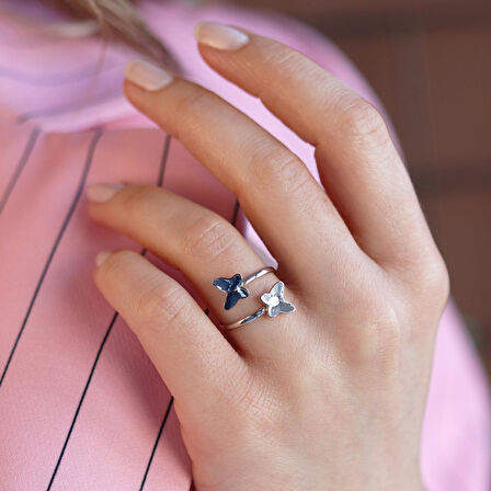 Swarovski Taşlı Renkli Kelebek Gümüş Yüzük