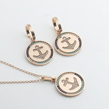 Apm Monaco Model Deniz Çapası Renkli Zirkon Taşlı Rose Gold Kaplama Gümüş Set