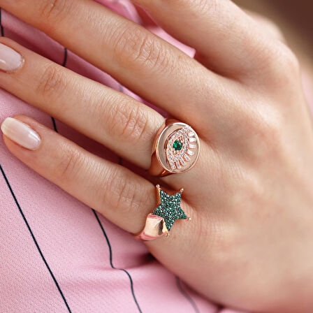 Zirkon Taşlı Göz Ve Yıldız Figürlü İkili Gümüş Yüzük