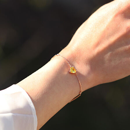 Sitrin Taşlı Rose Gold Kaplama Sevgili Kalp Gümüş Bileklik