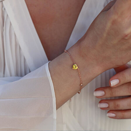 Sitrin Taşlı Rose Gold Kaplama Sevgili Kalp Gümüş Bileklik