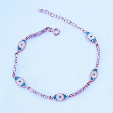 Zirkon Taşlı Mavi Mine İşli Göz Modeli Rose Gold Kaplama Gümüş Bileklik
