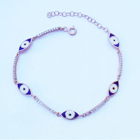 Zirkon Taşlı Lacivert Mine İşli Göz Modeli Rose Gold Kaplama Gümüş Bileklik