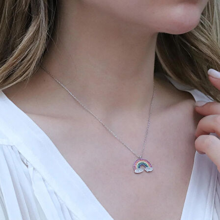 Renkli Zirkon Taşlı Gökkuşağı Gümüş Kolye