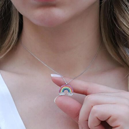 Renkli Zirkon Taşlı Gökkuşağı Gümüş Kolye