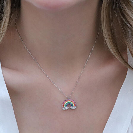 Renkli Zirkon Taşlı Gökkuşağı Gümüş Kolye