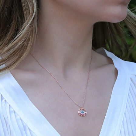 Yuvarlak Göz Modeli Zirkon Taşlı Rose Gold Kaplama Gümüş Kolye