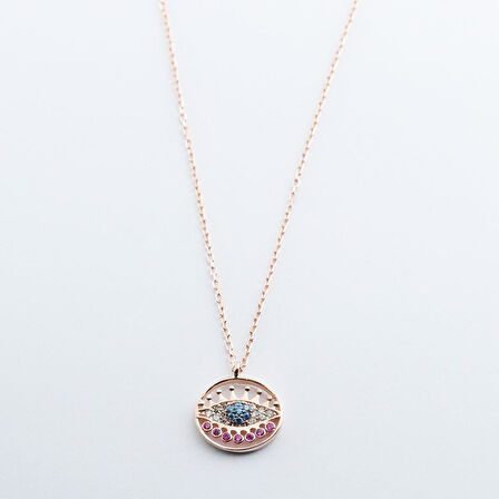 Yuvarlak Göz Modeli Zirkon Taşlı Rose Gold Kaplama Gümüş Kolye